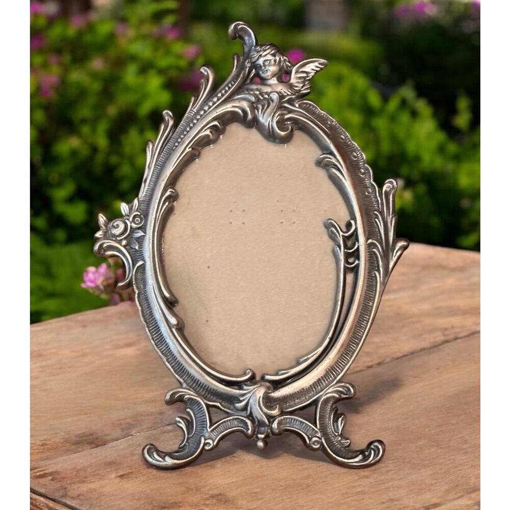 Antique Vintage Victorian Pewter Photo Frame Cherub 4x6 Photo Heavy Linco Taiwan